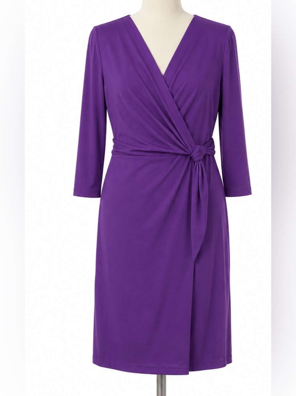 Peter Nygard Purple Wrap Dress Faux Wrap Tie Waist 3/4 Sleeve Size L
